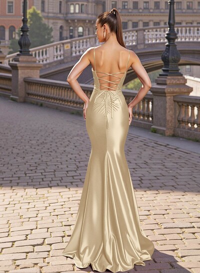 Trumpet Scoop Neck Sleeveless Sweep Train Satin With High Split
