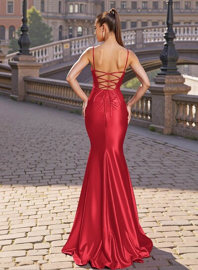 Trumpet Scoop Neck Sleeveless Sweep Train Satin With High Split