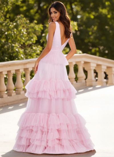 Dreamy V-Neck A-Line Tiered Floor-Length Tulle Prom Dresses With Ruffle