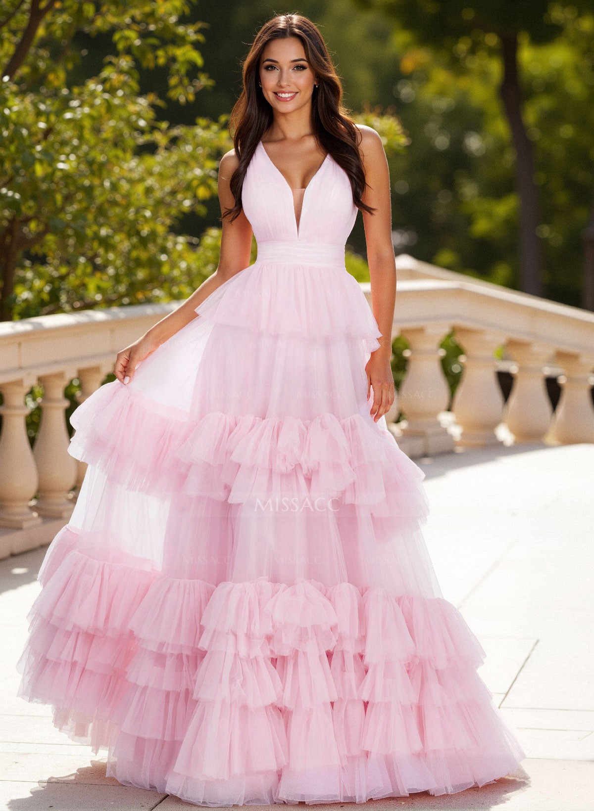 Dreamy V-Neck A-Line Tiered Floor-Length Tulle Prom Dresses With Ruffle