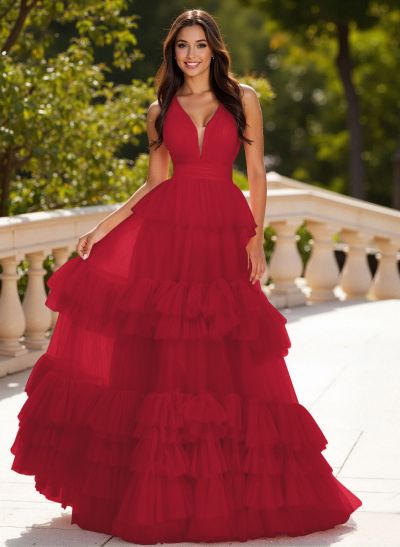 Dreamy V-Neck A-Line Tiered Floor-Length Tulle Prom Dresses With Ruffle