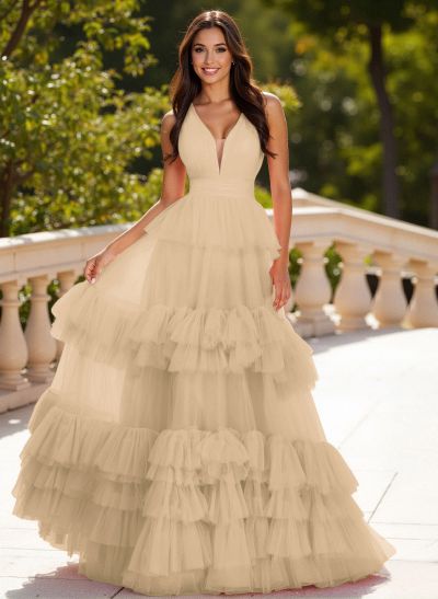 Dreamy V-Neck A-Line Tiered Floor-Length Tulle Prom Dresses With Ruffle