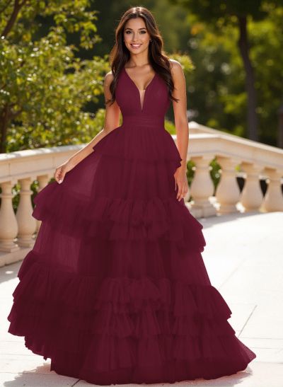 Dreamy V-Neck A-Line Tiered Floor-Length Tulle Prom Dresses With Ruffle
