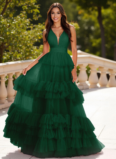 Dreamy V-Neck A-Line Tiered Floor-Length Tulle Prom Dresses With Ruffle