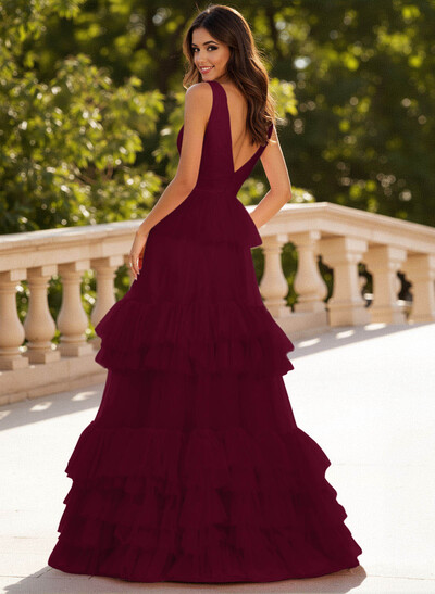 Dreamy V-Neck A-Line Tiered Floor-Length Tulle Prom Dresses With Ruffle