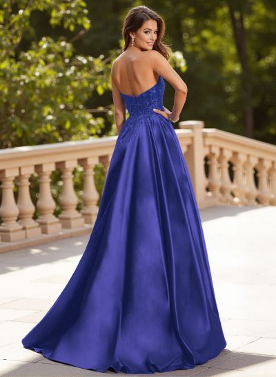 Elegant Lace Sweetheart A-Line Sweep Train Matte Satin Prom Dresses