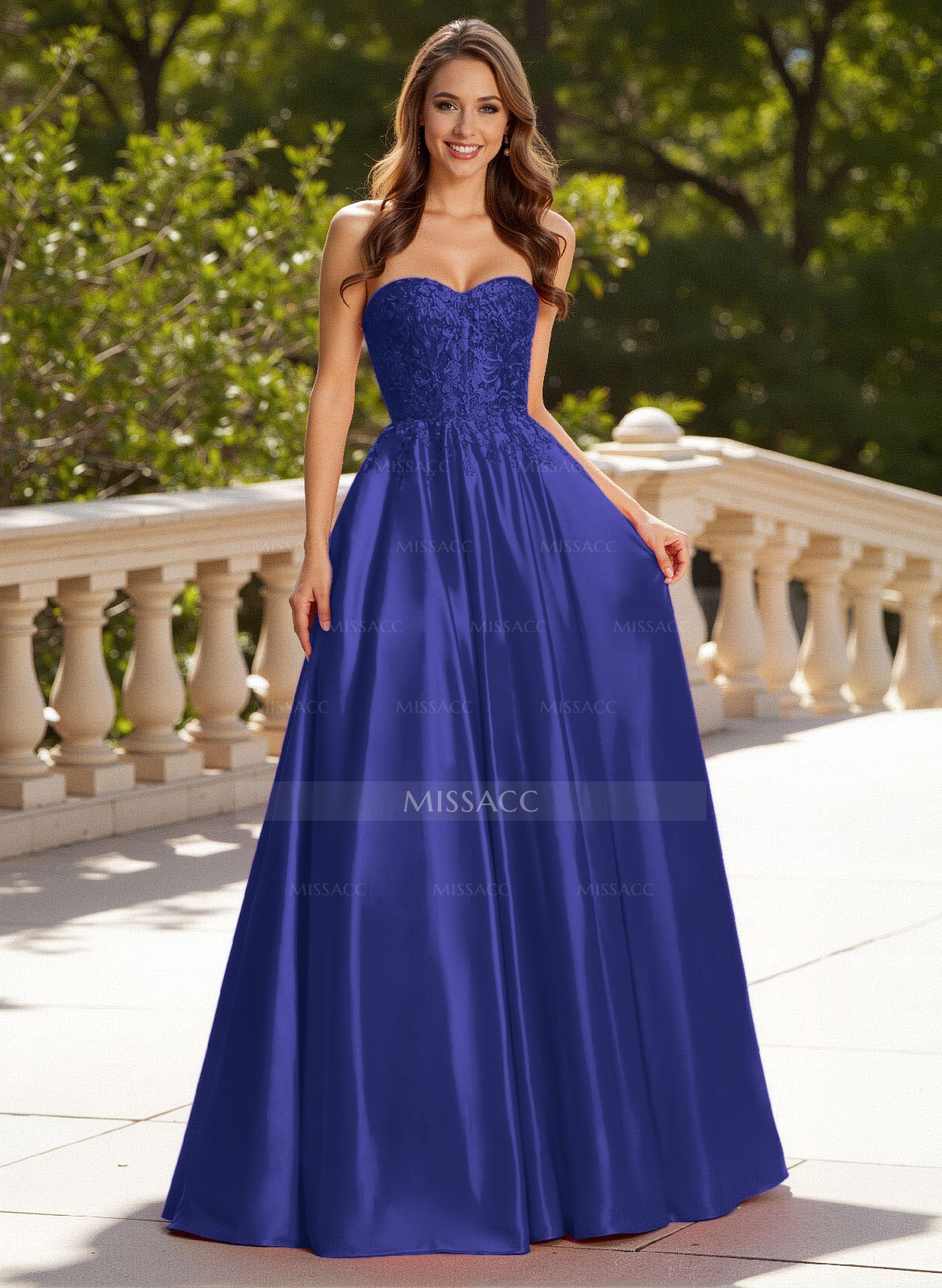 Elegant Lace Sweetheart A-Line Sweep Train Matte Satin Prom Dresses