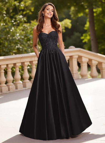 Elegant Lace Sweetheart Pockets A-Line Sweep Train Matte Satin Prom Dresses