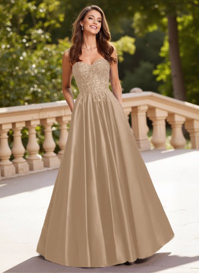 Elegant Lace Sweetheart Pockets A-Line Sweep Train Matte Satin Prom Dresses