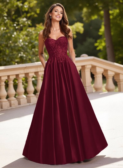 Elegant Lace Sweetheart Pockets A-Line Sweep Train Matte Satin Prom Dresses