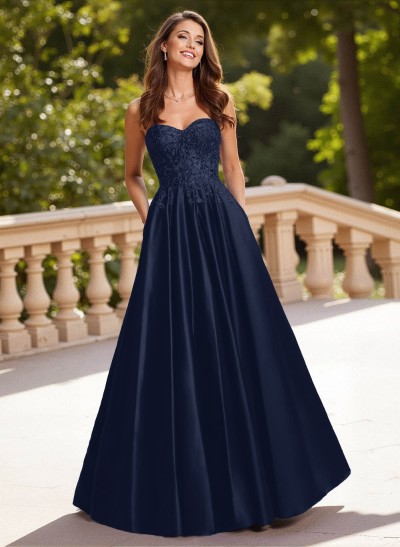 Elegant Lace Sweetheart Pockets A-Line Sweep Train Matte Satin Prom Dresses
