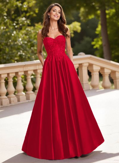 Elegant Lace Sweetheart Pockets A-Line Sweep Train Matte Satin Prom Dresses