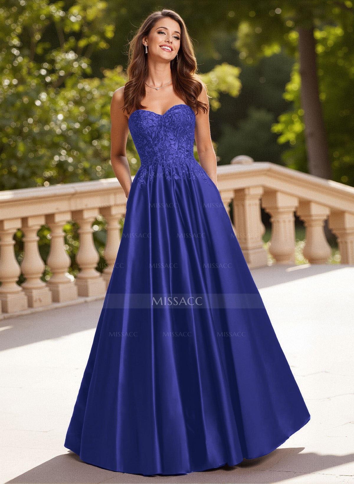 Elegant Lace Sweetheart Pockets A-Line Sweep Train Matte Satin Prom Dresses