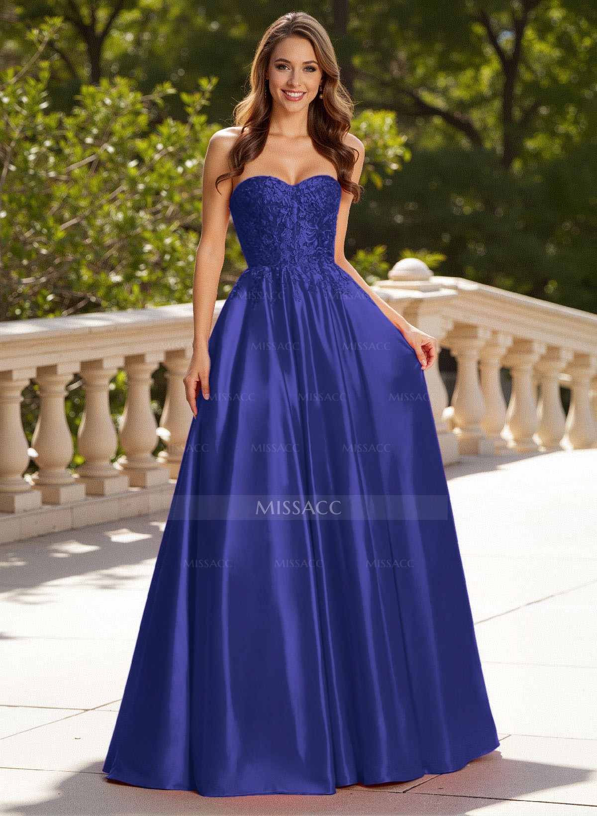 Elegant Lace Sweetheart Pockets A-Line Sweep Train Matte Satin Prom Dresses