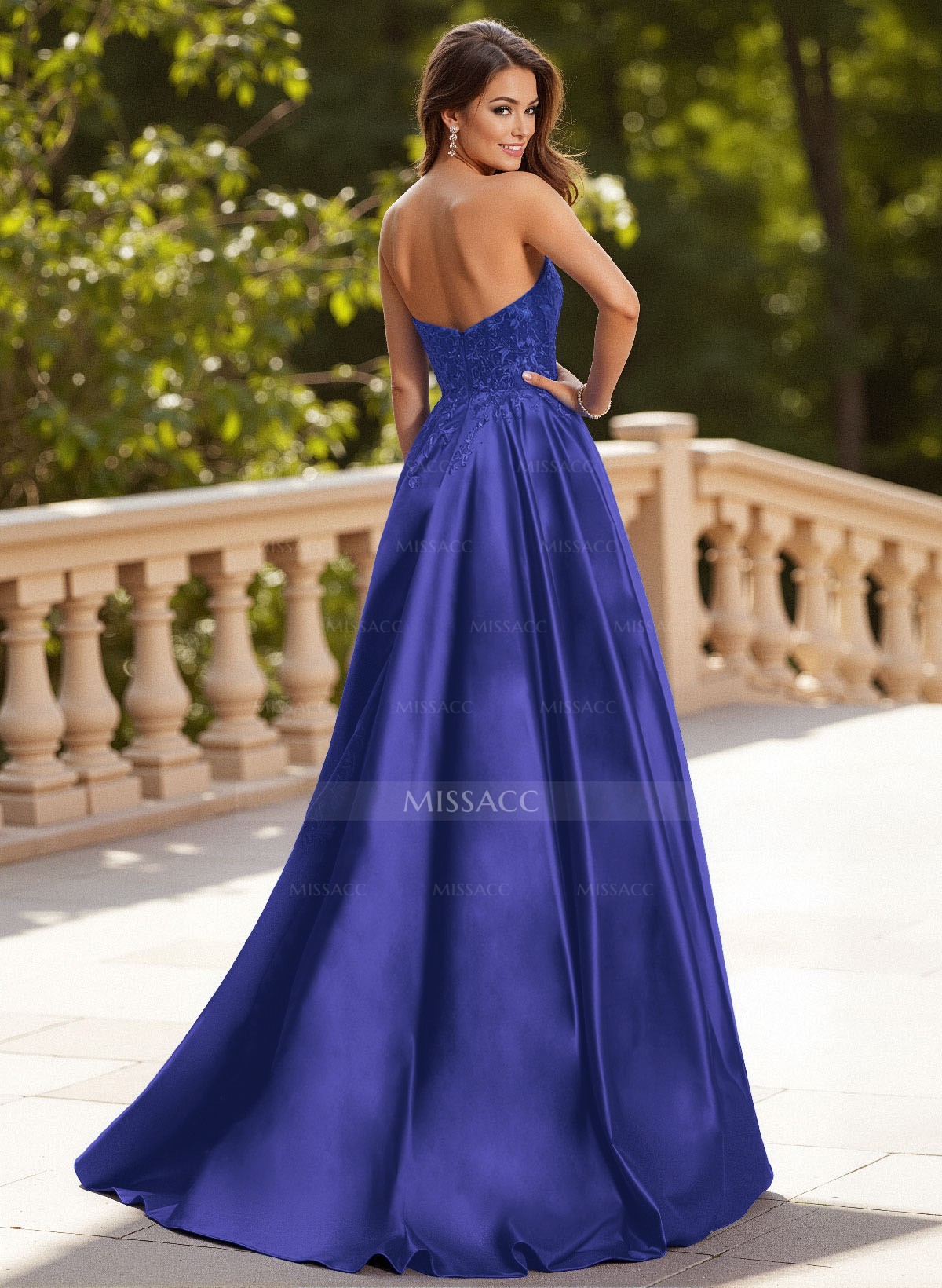 Elegant Lace Sweetheart Pockets A-Line Sweep Train Matte Satin Prom Dresses