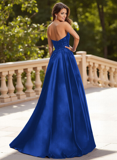 Elegant Lace Sweetheart Pockets A-Line Sweep Train Satin Prom Dresses