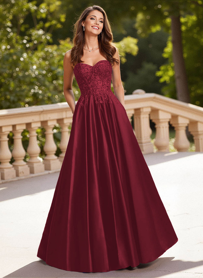 Elegant Lace Sweetheart Pockets A-Line Sweep Train Satin Prom Dresses
