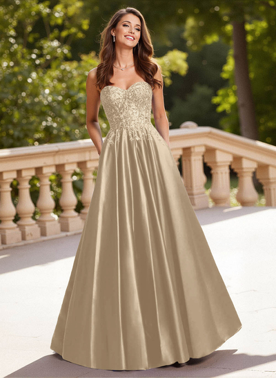 Elegant Lace Sweetheart Pockets A-Line Sweep Train Satin Prom Dresses