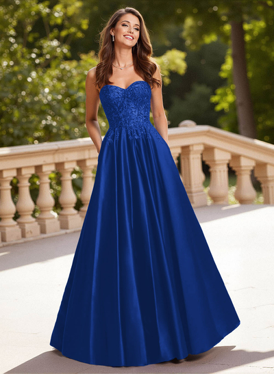 Elegant Lace Sweetheart Pockets A-Line Sweep Train Satin Prom Dresses