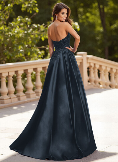 Elegant Lace Sweetheart Pockets A-Line Sweep Train Satin Prom Dresses