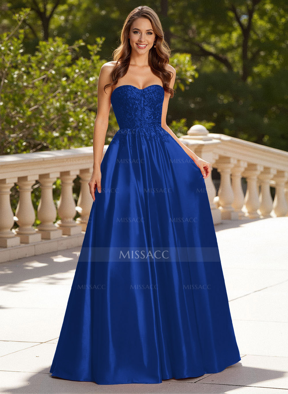 Elegant Lace Sweetheart Pockets A-Line Sweep Train Satin Prom Dresses