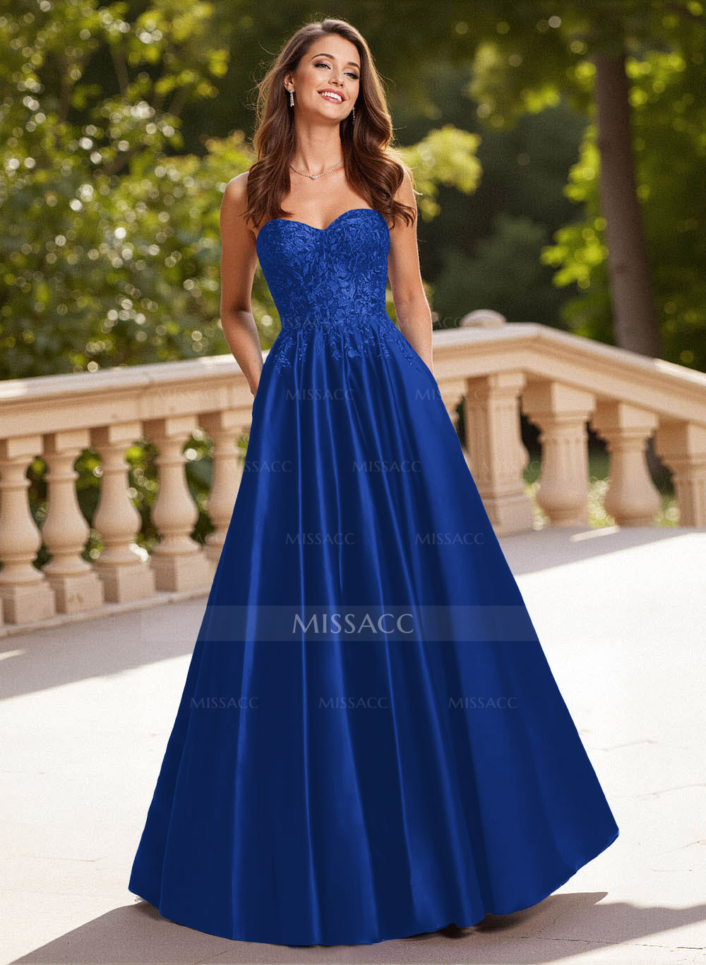 Elegant Lace Sweetheart Pockets A-Line Sweep Train Satin Prom Dresses