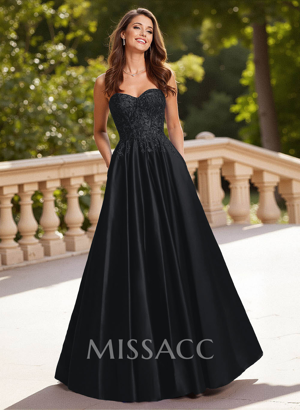 Elegant Lace Sweetheart Pockets A-Line Sweep Train Satin Prom Dresses