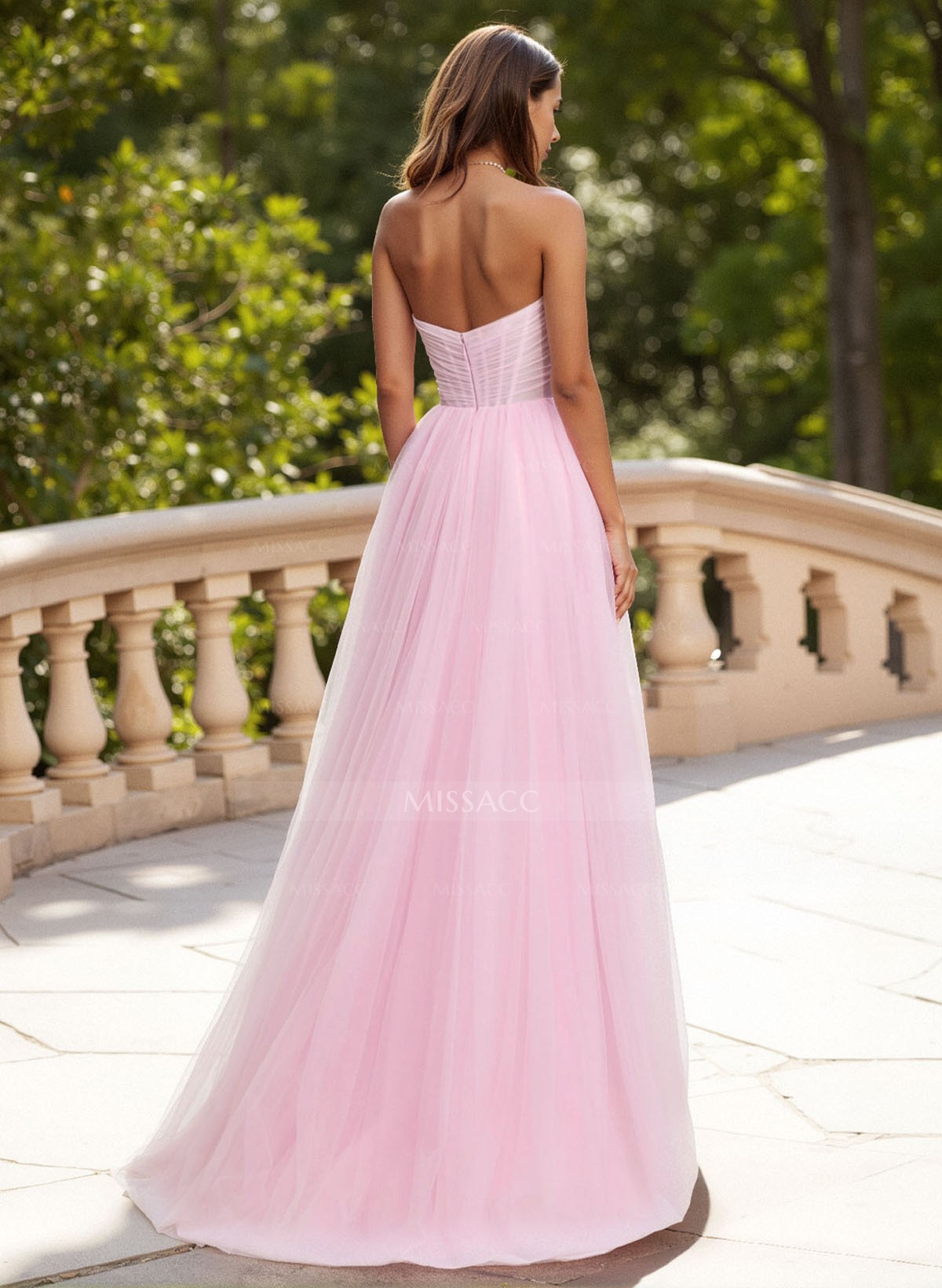 Dreamy Sweetheart Ruched Illusion Corset A-Line Sweep Train Tulle Prom Dresses