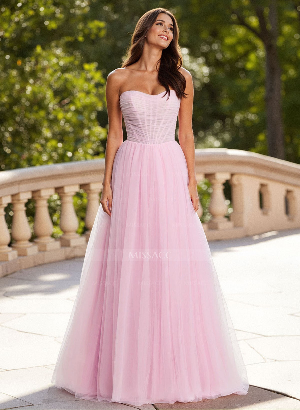 Dreamy Sweetheart Ruched Illusion Corset A-Line Sweep Train Tulle Prom Dresses