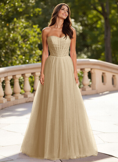 Dreamy Sweetheart Ruched Illusion Corset A-Line Sweep Train Tulle Prom Dresses