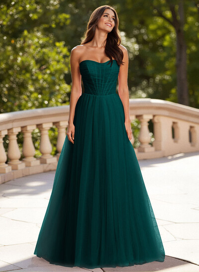 Dreamy Sweetheart Ruched Illusion Corset A-Line Sweep Train Tulle Prom Dresses
