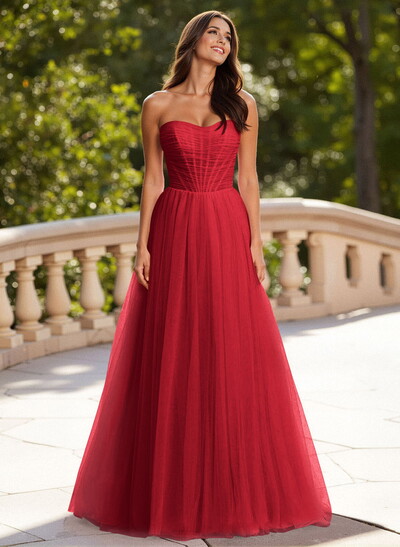 Dreamy Sweetheart Ruched Illusion Corset A-Line Sweep Train Tulle Prom Dresses