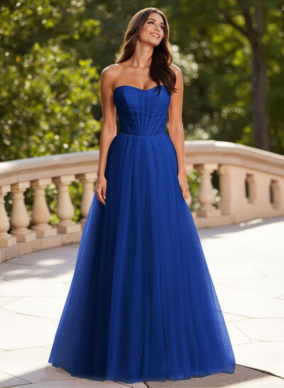 Dreamy Sweetheart Ruched Illusion Corset A-Line Sweep Train Tulle Prom Dresses