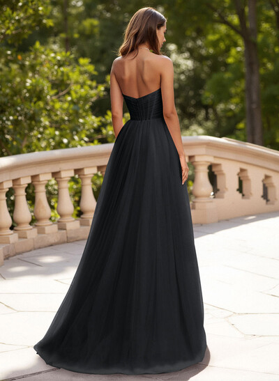 Dreamy Sweetheart Ruched Illusion Corset A-Line Sweep Train Tulle Prom Dresses