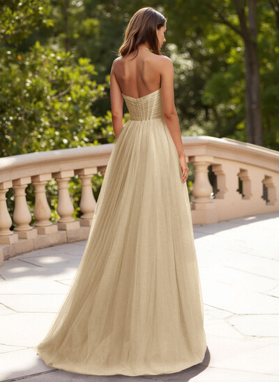 Dreamy Sweetheart Ruched Illusion Corset A-Line Sweep Train Tulle Prom Dresses