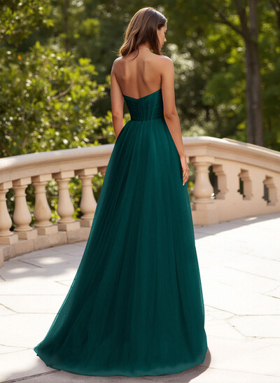 Dreamy Sweetheart Ruched Illusion Corset A-Line Sweep Train Tulle Prom Dresses