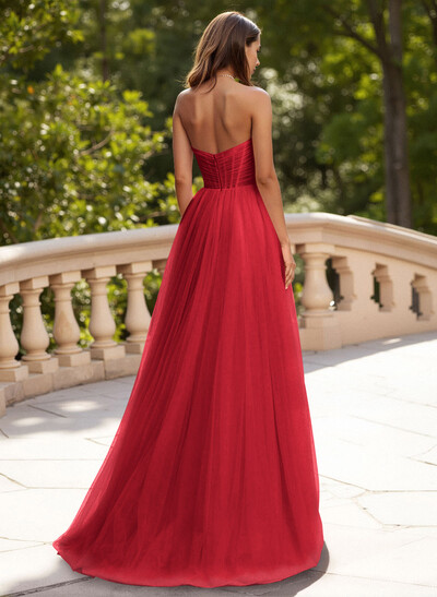 Dreamy Sweetheart Ruched Illusion Corset A-Line Sweep Train Tulle Prom Dresses