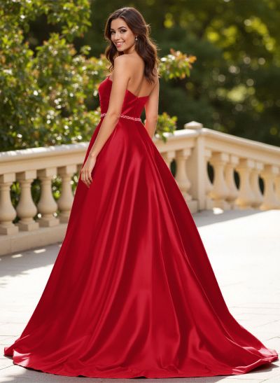 Elegant Sweetheart A-Line Sweep Train Satin Prom Dresses With Sequins