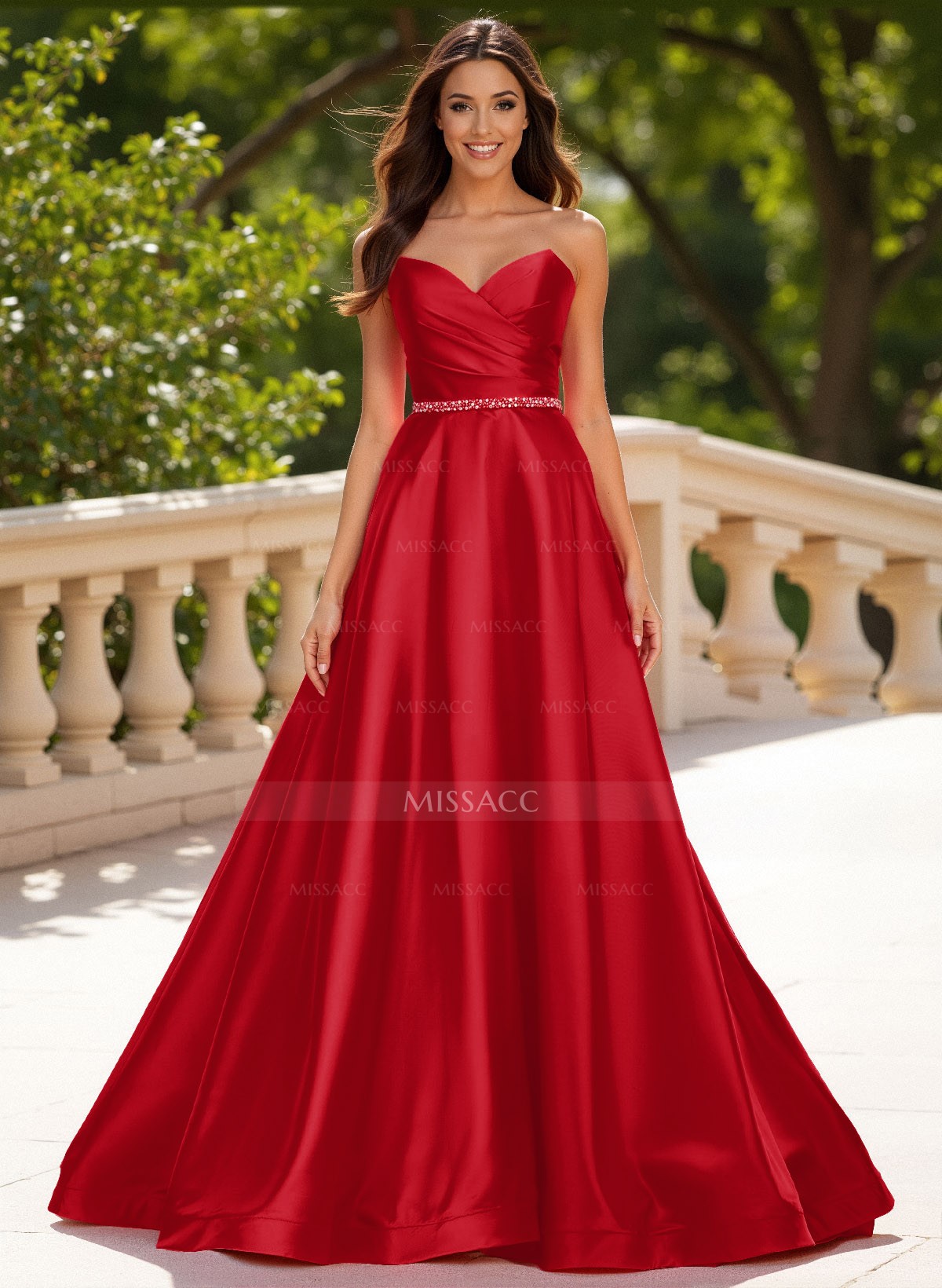 Elegant Sweetheart A-Line Sweep Train Satin Prom Dresses With Sequins