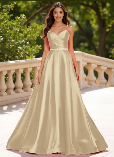 Elegant Sweetheart A-Line Sweep Train Satin Prom Dresses With Sequins