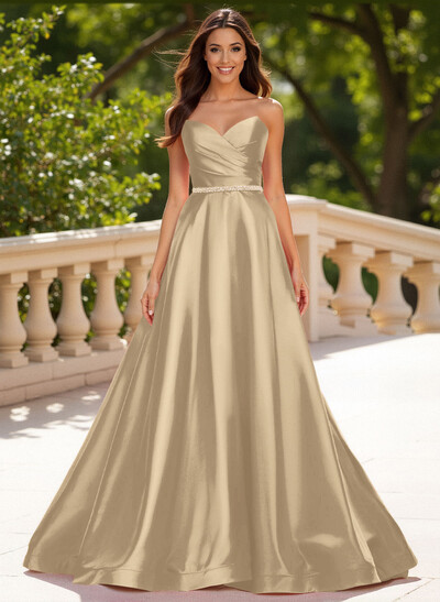 Elegant Sweetheart A-Line Sweep Train Satin Prom Dresses With Sequins