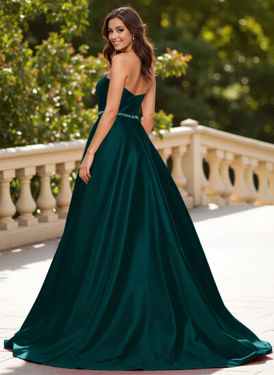 Elegant Sweetheart A-Line Sweep Train Satin Prom Dresses With Sequins