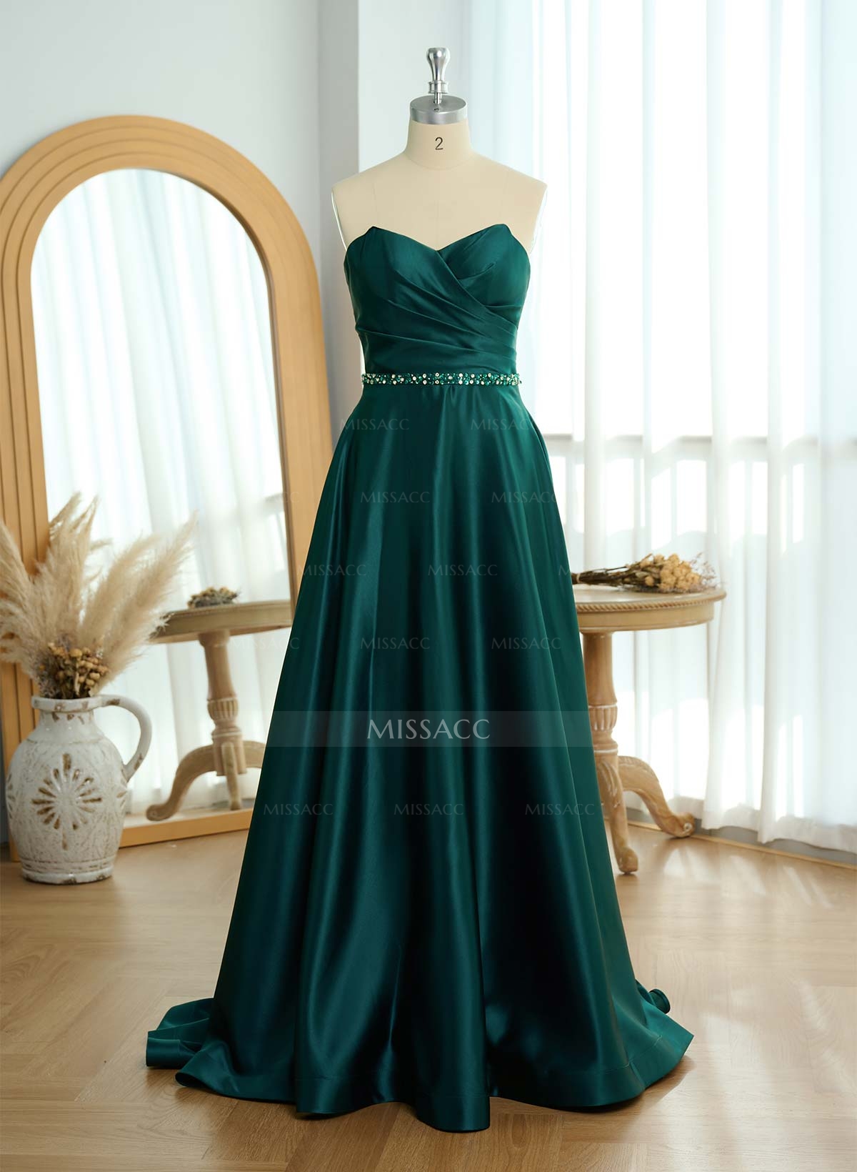 Elegant Sweetheart A-Line Sweep Train Satin Prom Dresses With Sequins