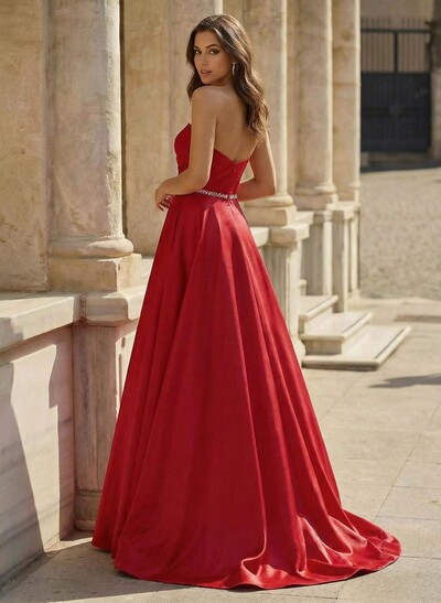 Elegant Sweetheart A-Line Sweep Train Satin Prom Dresses With Sequins