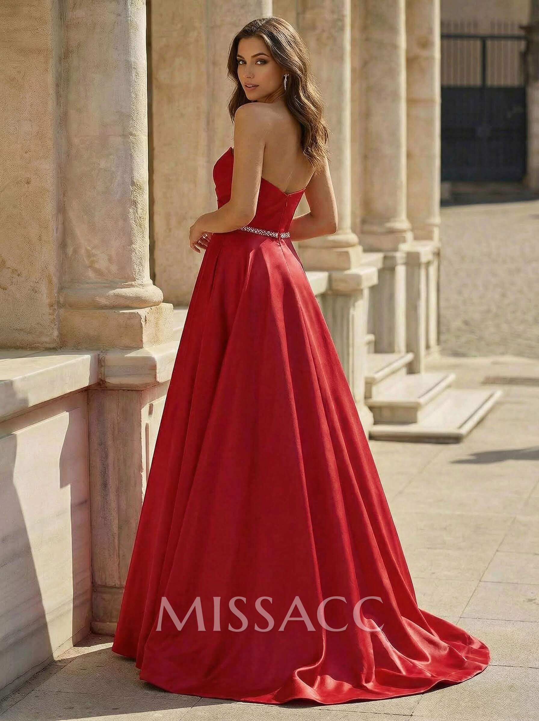 Elegant Sweetheart A-Line Sweep Train Satin Prom Dresses With Sequins Elegant Sweetheart A-Line Sweep Train Satin Prom Dresses With Sequins