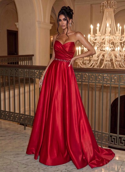 Elegant Sweetheart A-Line Sweep Train Satin Prom Dresses With Sequins
