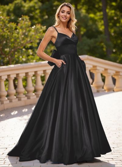 Unique V-Neck A-Line Sweep Train Satin Prom Dresses With Bow(s)