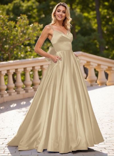 Unique V-Neck A-Line Sweep Train Satin Prom Dresses With Bow(s)