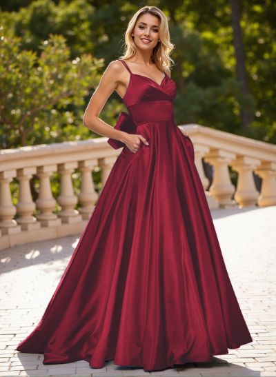 Unique V-Neck A-Line Sweep Train Satin Prom Dresses With Bow(s)