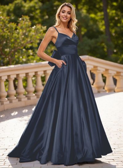 Unique V-Neck A-Line Sweep Train Satin Prom Dresses With Bow(s)